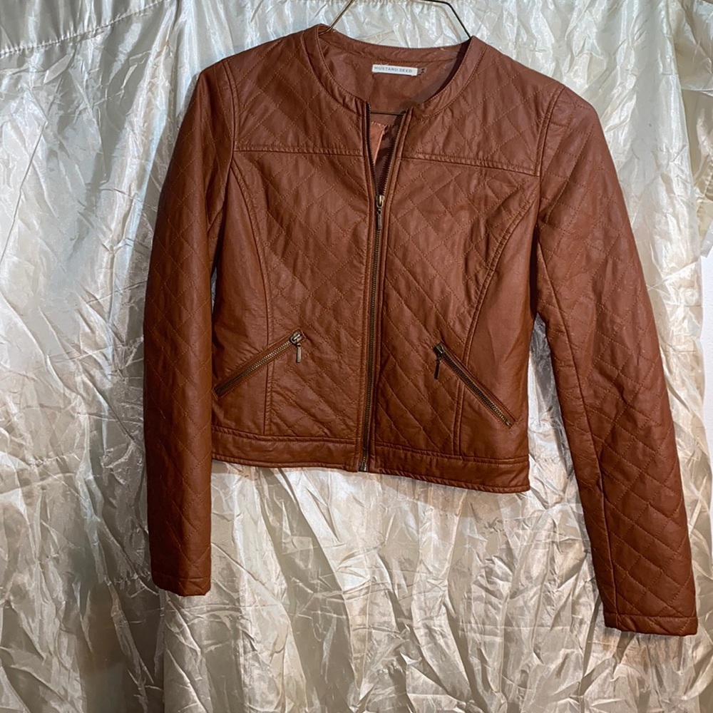 Mustard Seed SMALL brown/copper vegan quilted moto jacket zip up VINTAGE LOOK